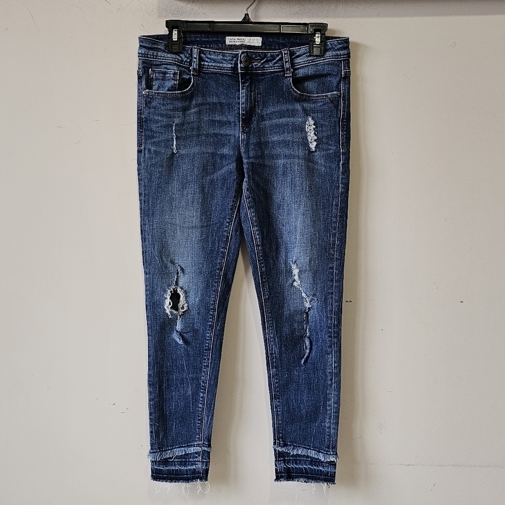Zara Mid-Rise‎ Distressed Stretch Denim Skinny Crop Jeans Sz. 6